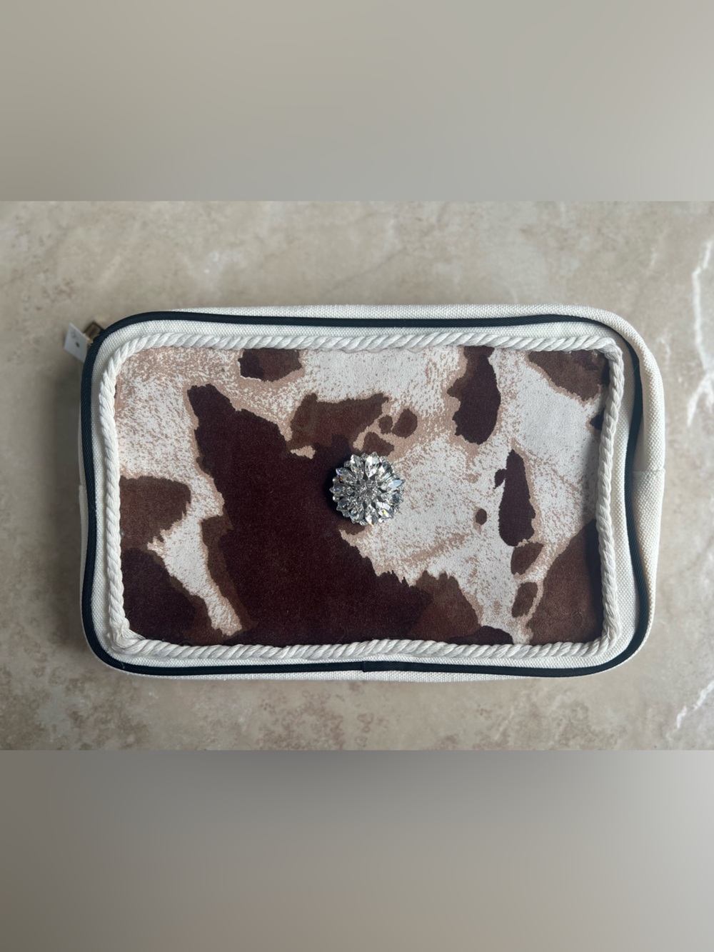 New Handcrafted: Decorative Brown and Cream Cowhide Purse with Crystal Button